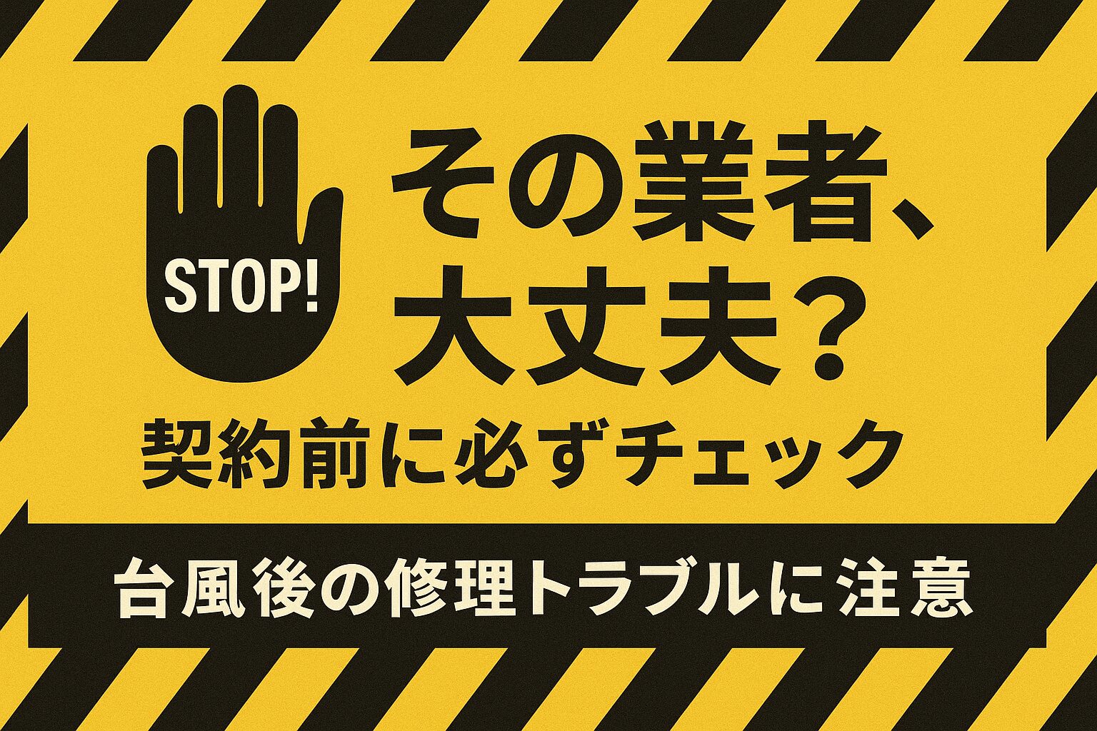 台風後の住宅修理トラブルへの注意を促すサムネイル。「その業者、大丈夫？」という警告文と、STOPのアイコンが表示されている。