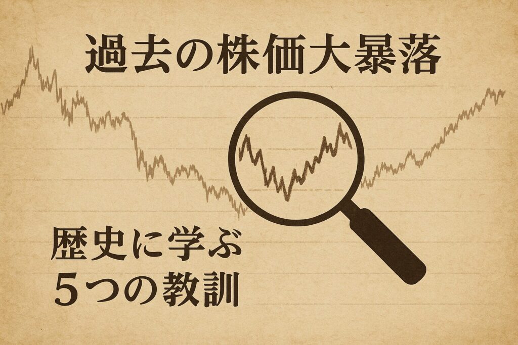 「過去の株価大暴落の歴史に学ぶ5つの教訓」というテキストと、古い株価チャートを虫眼鏡で覗いている画像。歴史分析の重要性を示唆している。
