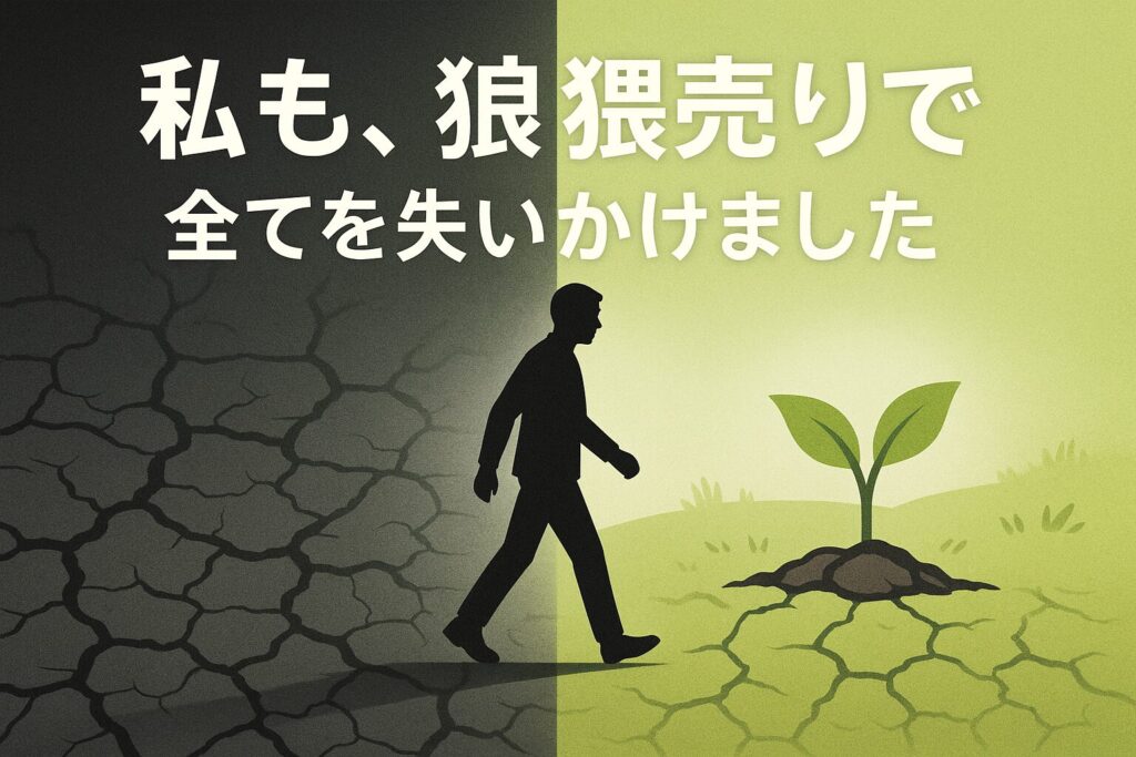 「私も、狼狽売りで全てを失いかけました」というテキストと、絶望から希望へ歩む人のイラストが描かれた画像。筆者の実体験に基づいたメンタル克服法であることを示唆。