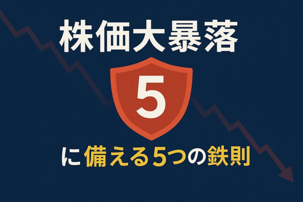 「株価大暴落に備える5つの鉄則」というテキストと、盾のアイコンが描かれた画像。資産防衛のための具体的な対策を示唆している。