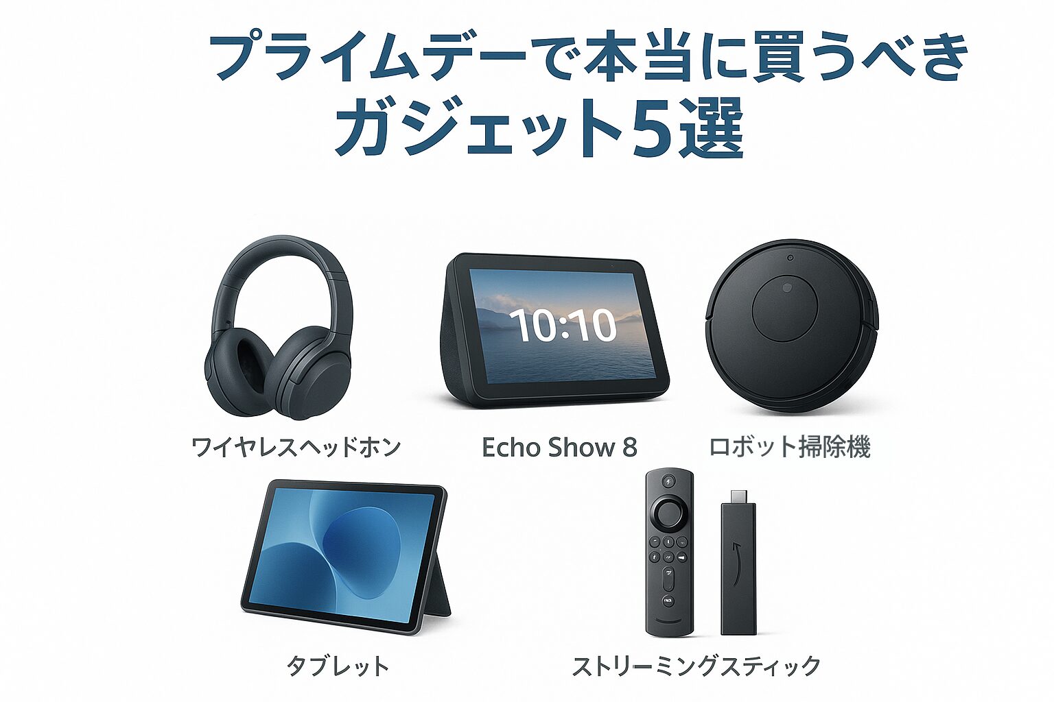 2025年プライムデーで買うべきガジェット5選を編集部が実機レビューしている様子がわかる画像。AnkerのイヤホンやCIOの充電器などが並んでいる。