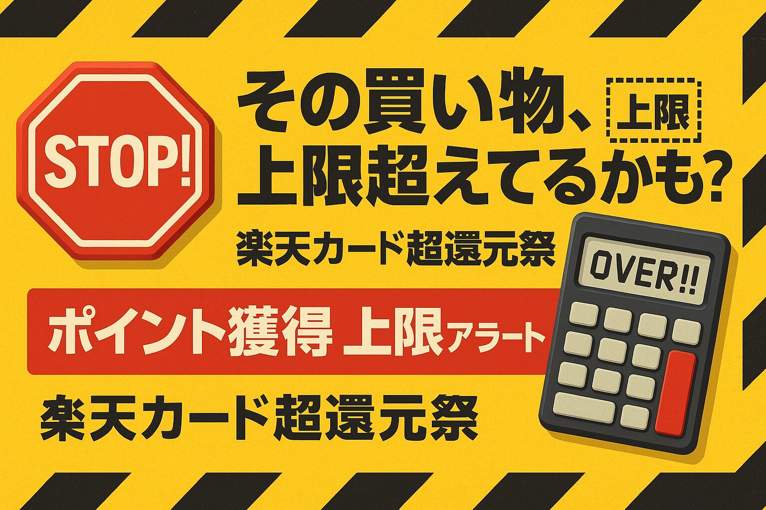 楽天カード超還元祭の上限について警告するサムネイル。「その買い物、上限超えてるかも？」というテキストとSTOP標識のアイコンが特徴。