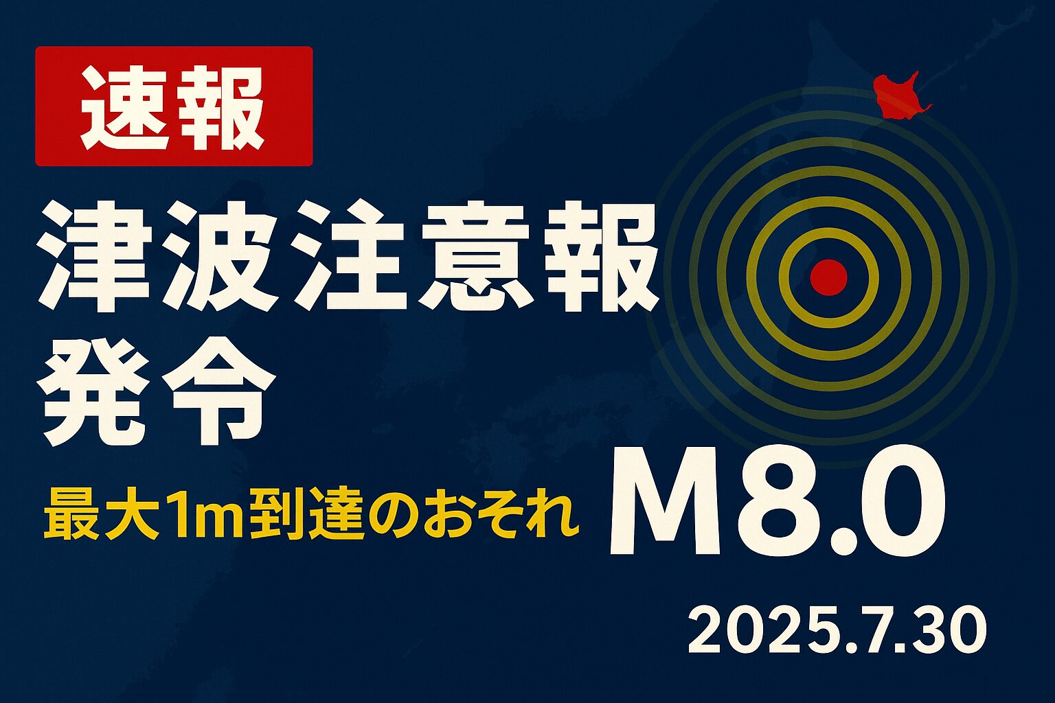【速報】2025年7月30日、M8.0の地震により津波注意報が発令されたことを示す画像。日本地図に津波が到達するイメージ。