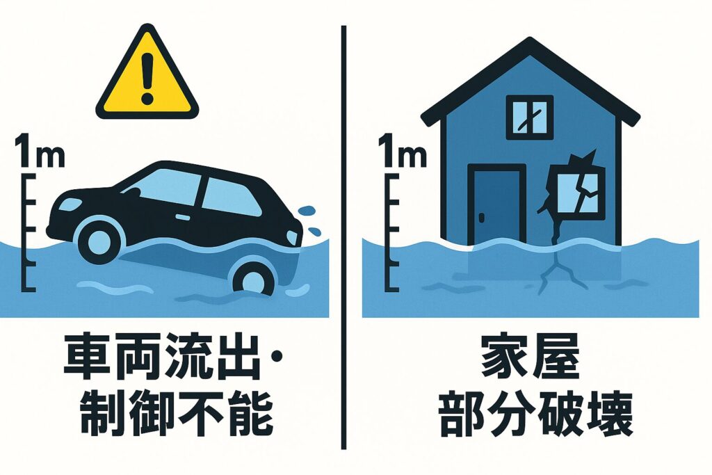 津波1mの危険性を示す図解。左側では自動車が流され始め、右側では木造家屋が部分的に破壊されている様子が描かれている。「注意報」レベルの威力。