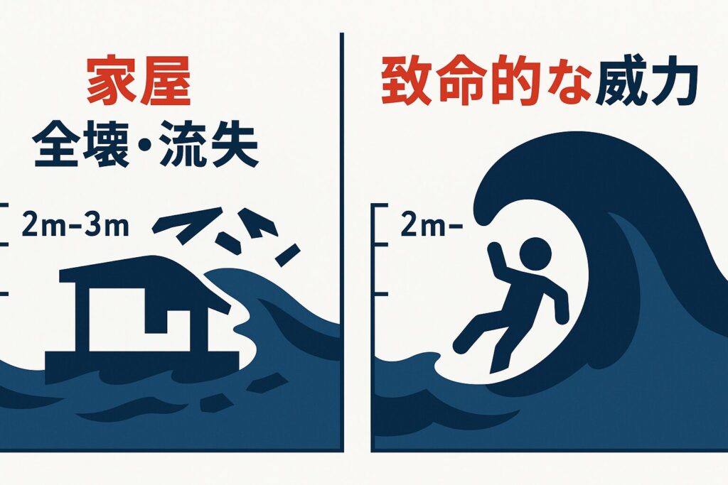 津波2mから3mの破壊力を示す図解。左側では家屋が全壊・流失し、右側では人が波に飲み込まれている様子が描かれている。「警報」レベルの危険性。
