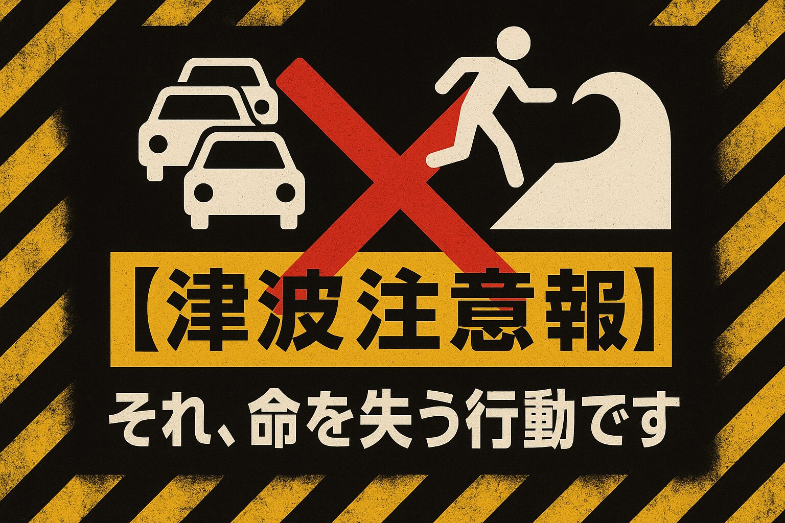 「それ、命を失う行動です」という警告文と、自動車での避難や海岸へ向かうといった津波注意報発令時の危険な行動にバツ印が付いた画像。