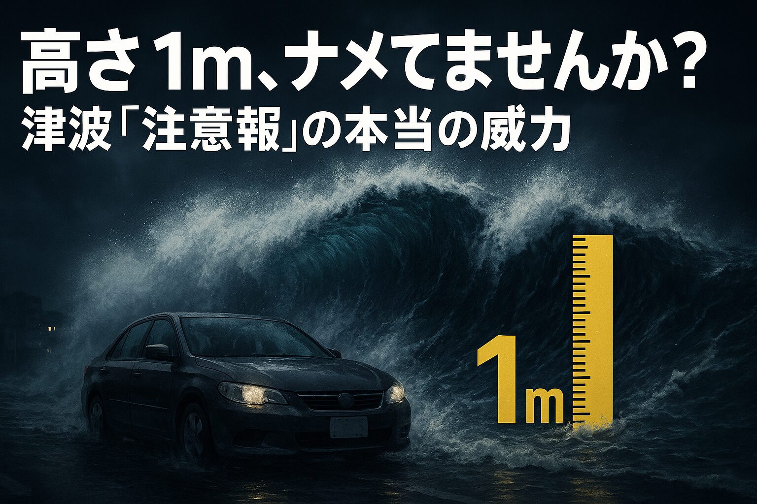 「高さ1m、ナメてませんか？」というテキストと、1mの津波が自動車を飲み込もうとしているイラスト。津波注意報と警報のレベルの違いによる危険性を示している。