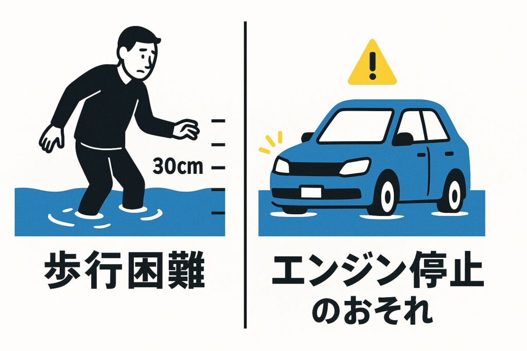 津波の水深30cmから50cmの危険性を示す図解。左側では男性が膝下の津波で歩行困難になり、右側では自動車が浸水して停止している様子が描かれている。