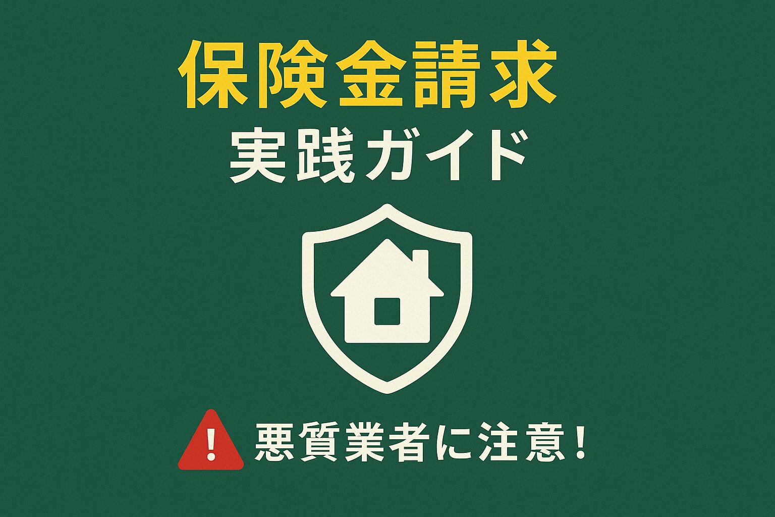 台風の保険金請求ガイドのサムネイル。家を守る盾のアイコンと「保険金請求 実践ガイド」の文字、そして「悪質業者に注意！」という警告が表示されている。