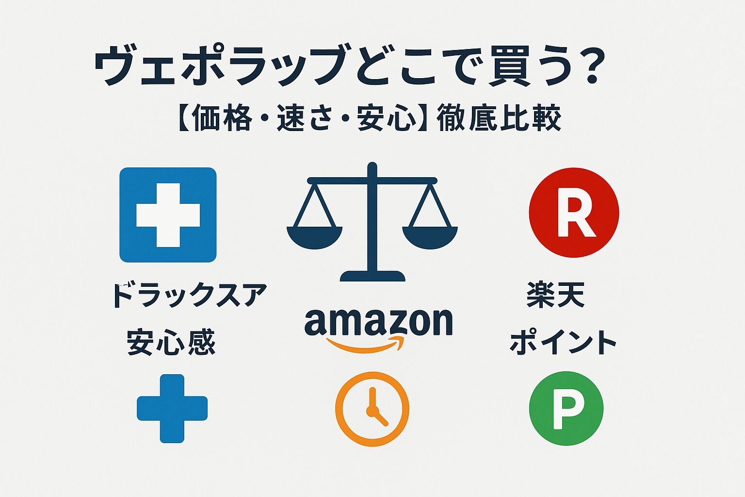ヴェポラッブの購入先を比較するサムネイル。ドラッグストア、Amazon、楽天のロゴが並び、「価格・速さ・安心」の観点で比較されているインフォグラフィック。