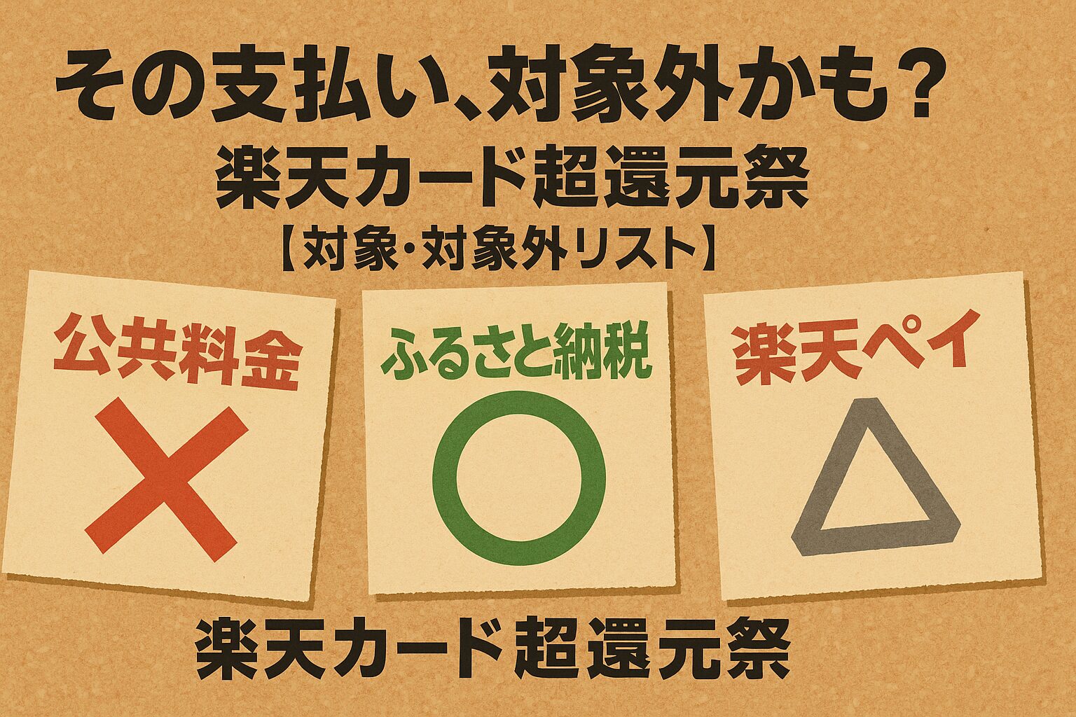 楽天カード超還元祭の対象外取引を解説するサムネイル。「公共料金」にバツ印、「ふるさと納税」にマル印のスタンプが押されている。