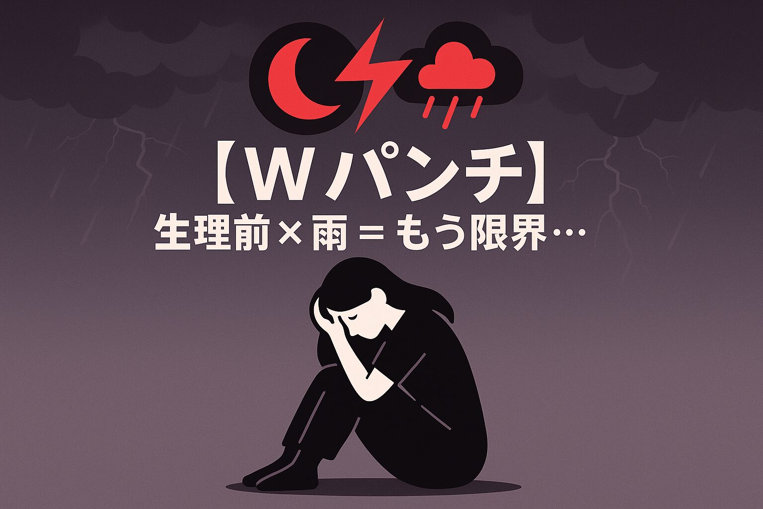 PMSと気象病のダブルパンチのつらさを示すサムネイル。頭を抱える女性の上で、月と低気圧のマークが衝突し、「もう限界…」というテキストが書かれている。