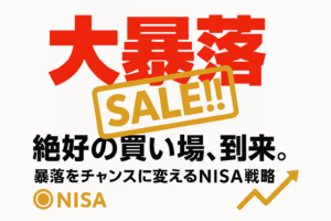 「絶好の買い場、到来。」というテキストと、「大暴落」の文字に「SALE!!」のスタンプが押された画像。「暴落はNISAの買い場」であることを示す記事のサムネイル。