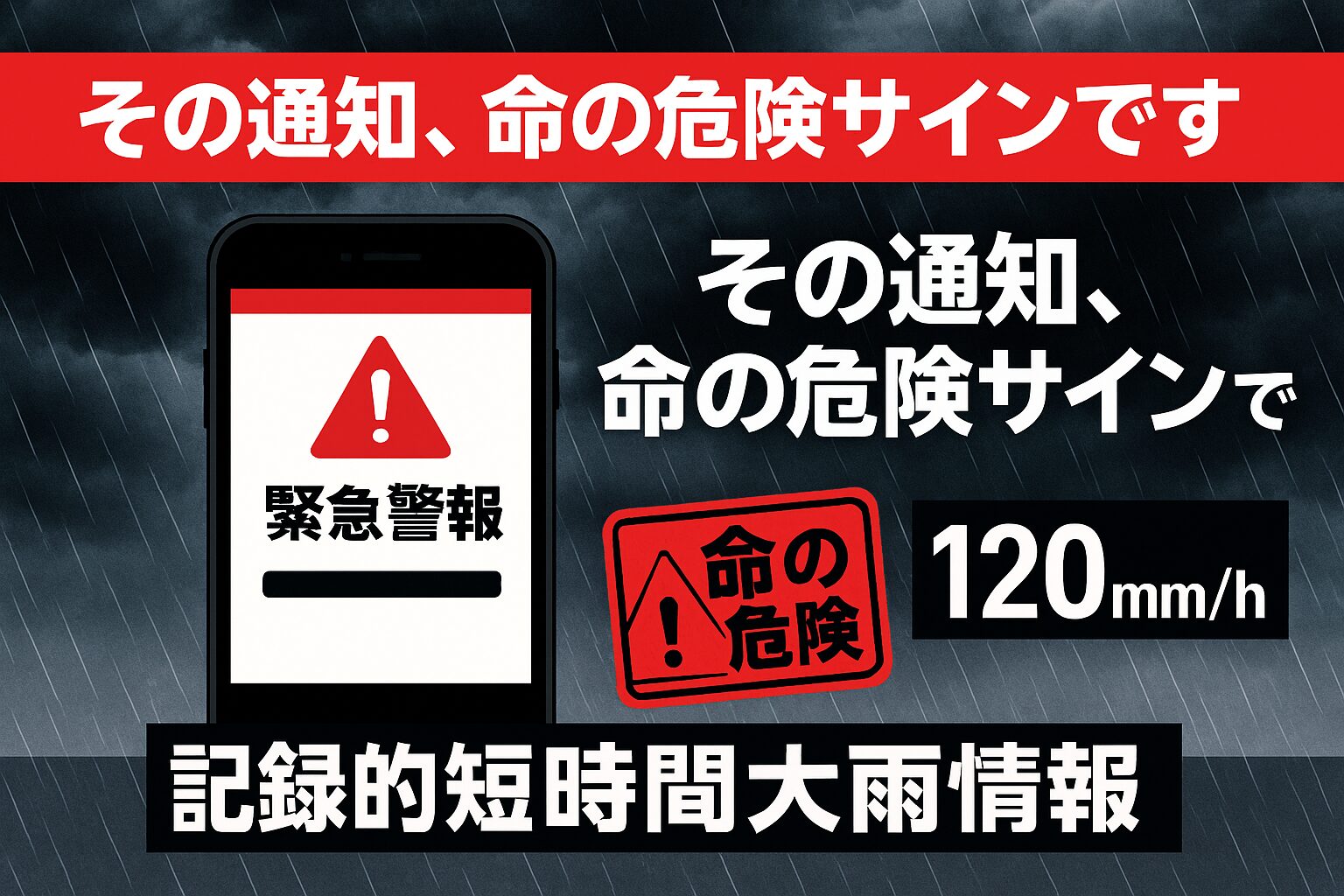 スマートフォンの緊急警報画面のイラスト。「その通知、命の危険サインです」というテキストが書かれた、「記録的短時間大雨情報とは？」を解説する記事のサムネイル。