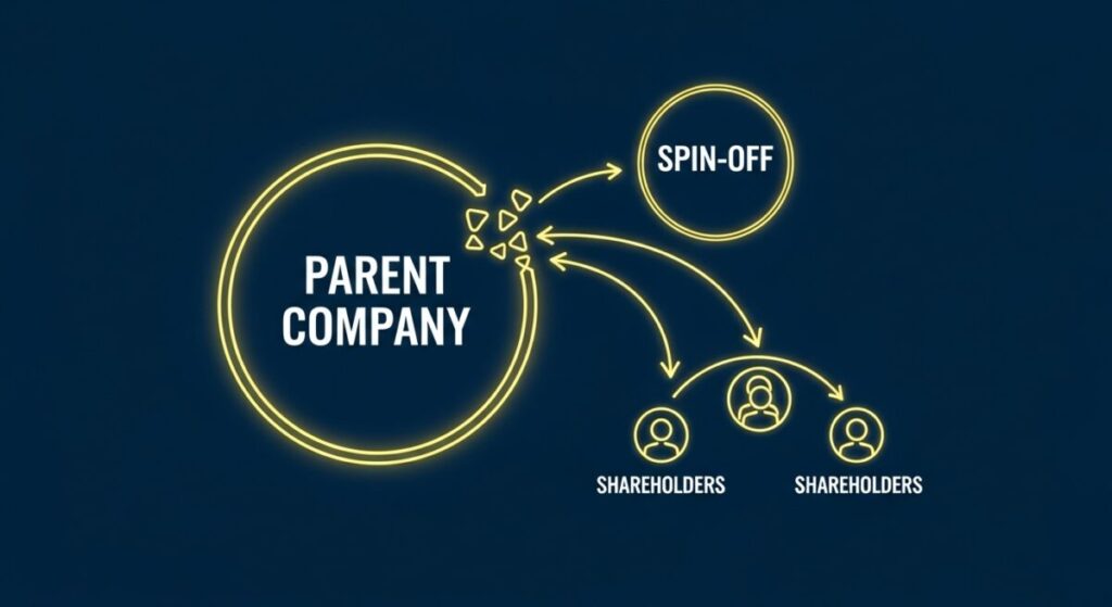 パーシャルスピンオフの仕組みを図解したイラスト。親会社から子会社が分離独立し、その子会社株式が既存株主に現物配当される流れを示している。