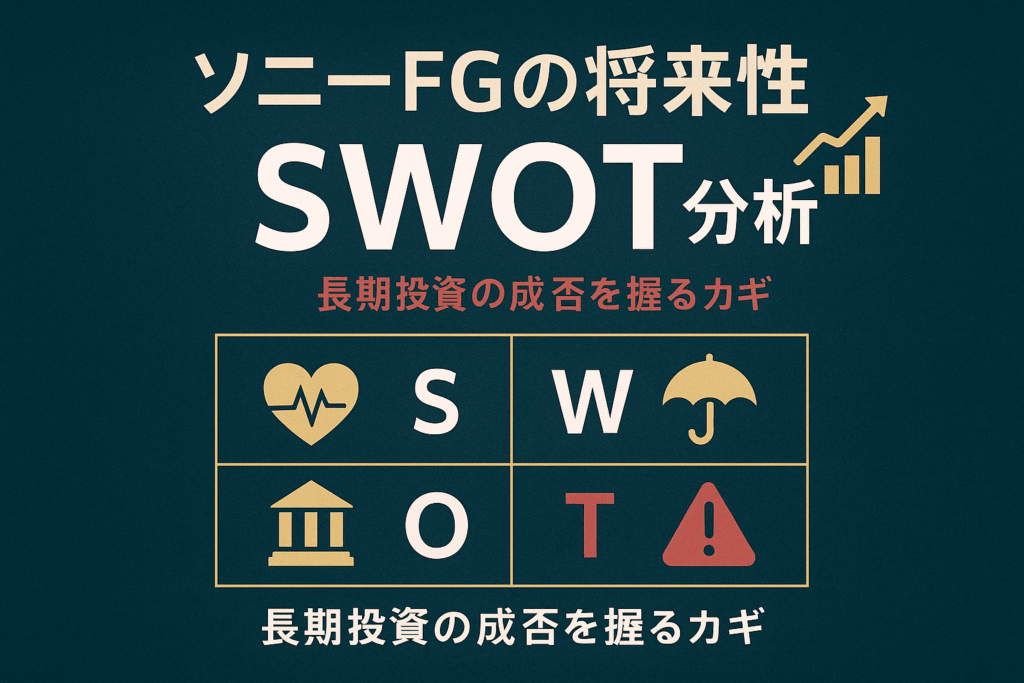 ソニーフィナンシャルグループの将来性をSWOT分析に基づいて解説するサムネイル。ビジネスレポート風のデザインで専門性を強調している。