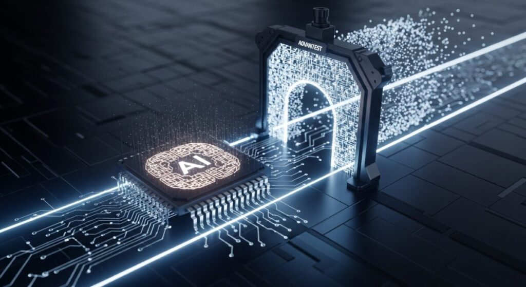 「アドバンテストの事業内容と強み」をテーマにした挿絵。AIの頭脳である光り輝く半導体チップが、アドバンテストの検査装置を象徴する精密なゲートを通過することで品質が保証されている。