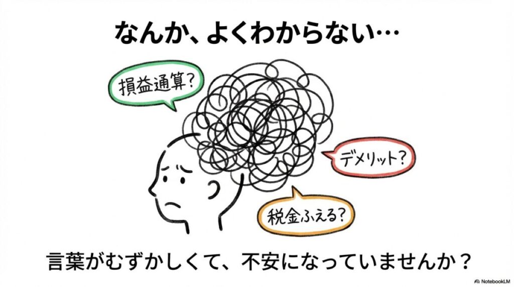 「【図解】新NISAの前に知るべき「損益通算」の基本」をテーマにした挿絵。同じ年における複数の銘柄の利益と損失を合算(相殺)し、支払う税金を安くする仕組みを視覚的に表現したイメージです。