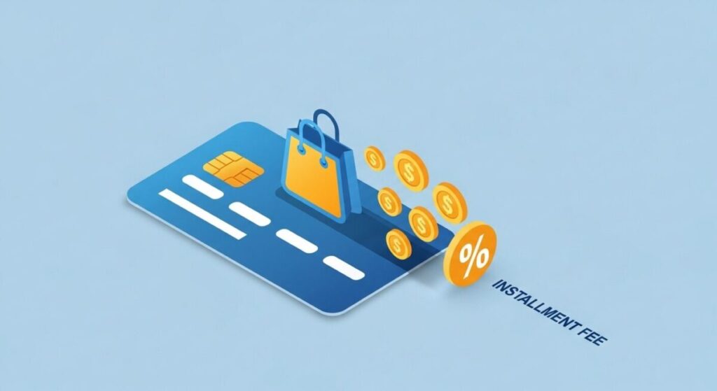 「クレジットカード分割手数料の仕組みと計算方法」をテーマにした挿絵。クレジットカードから商品のアイコンと、それより小さな手数料のコインアイコンが出てくる様子を描いたインフォグラフィック。