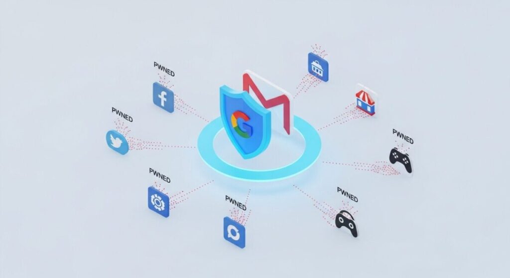 「HIBPのGmail結果は誤報」をテーマにした挿絵。Gmailのアイコンは安全な盾で守られており、SNSやショッピングサイトなど外部の様々なアイコンから情報が漏れ出ている様子を描いたインフォグラフィック。