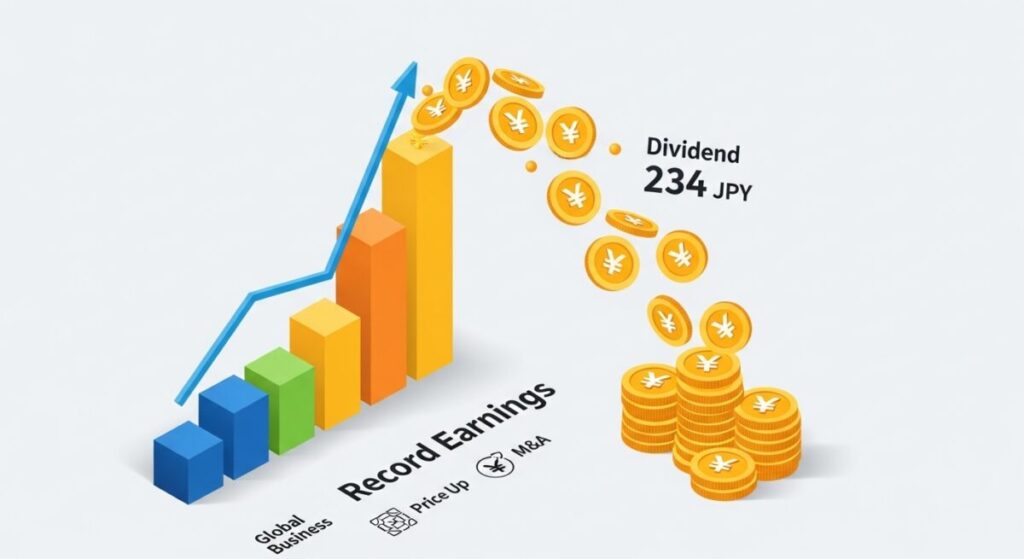 「JT、年間配当を234円に大幅増額!」をテーマにした挿絵。力強い右肩上がりの業績グラフから金貨(配当)が流れ出しており、好調な業績と株主への還元強化を象徴している。