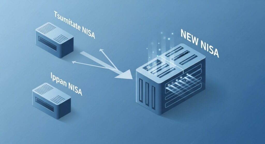 「新NISAと旧NISAの違い」をテーマにした挿絵。「旧NISA」と書かれた小さな箱2つが、「新NISA」と書かれた一つの大きな箱に統合され、よりパワフルに進化した様子を描いたインフォグラフィック。