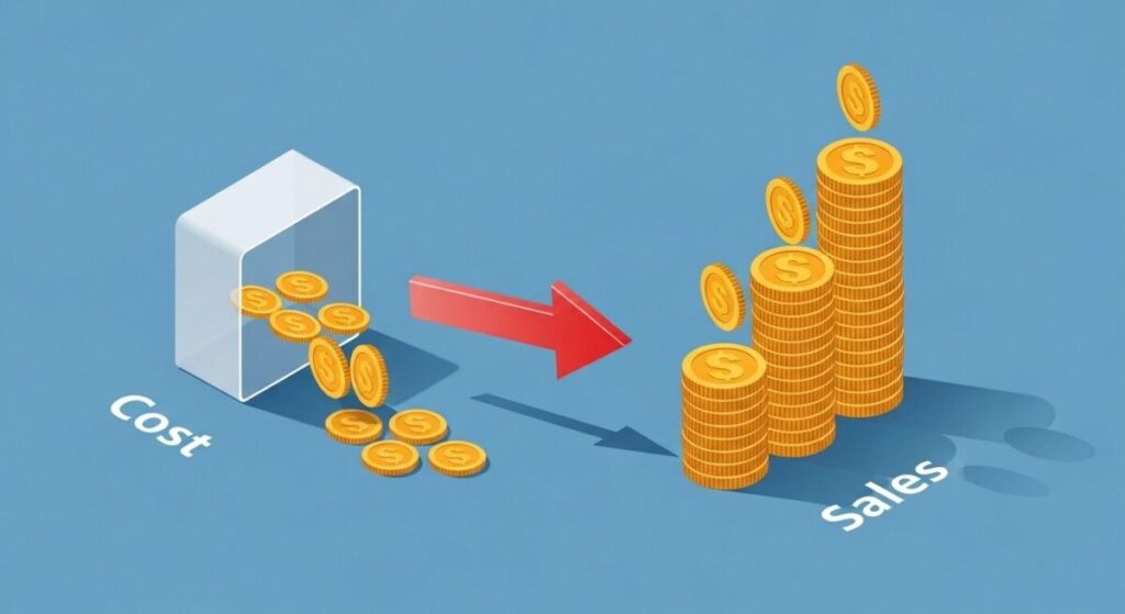 「ニデック不適切会計の具体的な手口とは?」をテーマにした挿絵。「Cost」から出るべきお金が、不正なルートを通って「Sales」に加算される様子を描いたインフォグラフィック。