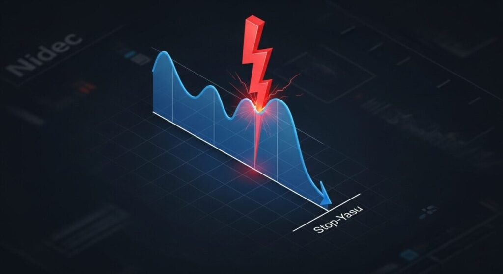 「ニデック ストップ安に至るまでの全時系列」をテーマにした挿絵。穏やかだった株価チャートに、突然赤い稲妻が突き刺さり、ストップ安まで急落する様子を描いたインフォグラフィック。