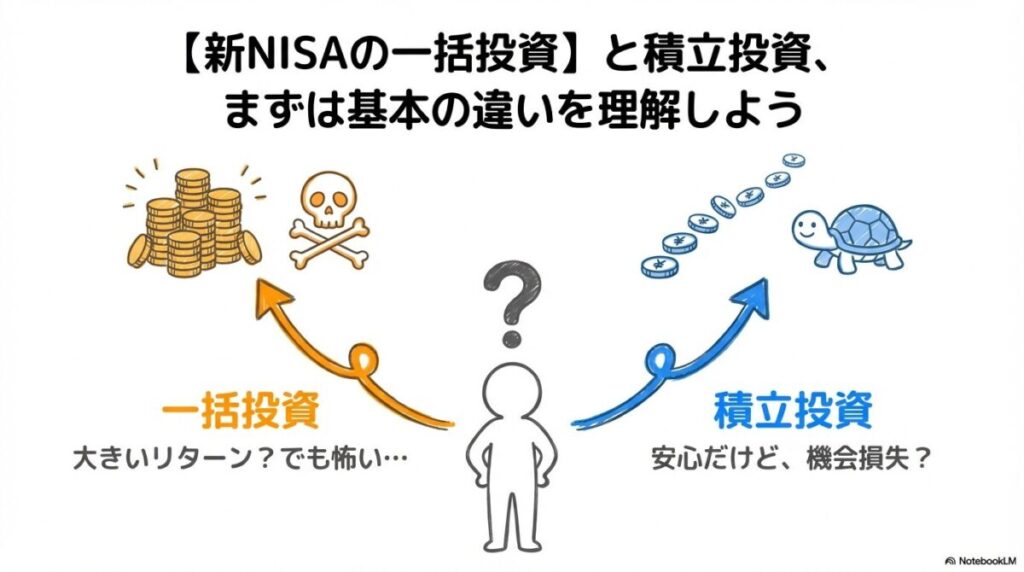 「【新NISAの一括投資】と積立投資、まずは基本の違いを理解しよう」をテーマにした挿絵。大きな一塊の資金（一括投資）と、カレンダーに沿って小さな資金が段階的に積み重なる様子（積立投資）を対比させ、それぞれの投資手法の定義と新NISAにおける位置づけを視覚化した図解。