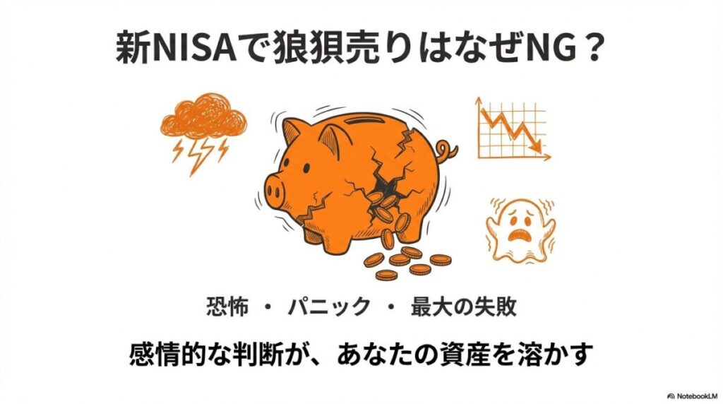 「新NISAで狼狽売りはなぜNG?暴落のメカニズムと心理的な罠」をテーマにした挿絵。市場の暴落という「生理現象」に対し、恐怖や不安から冷静な判断を失い、損失を確定させてしまう「狼狽売り」の心理的な陥穽を、荒波に揉まれる小舟のイメージで表現している。