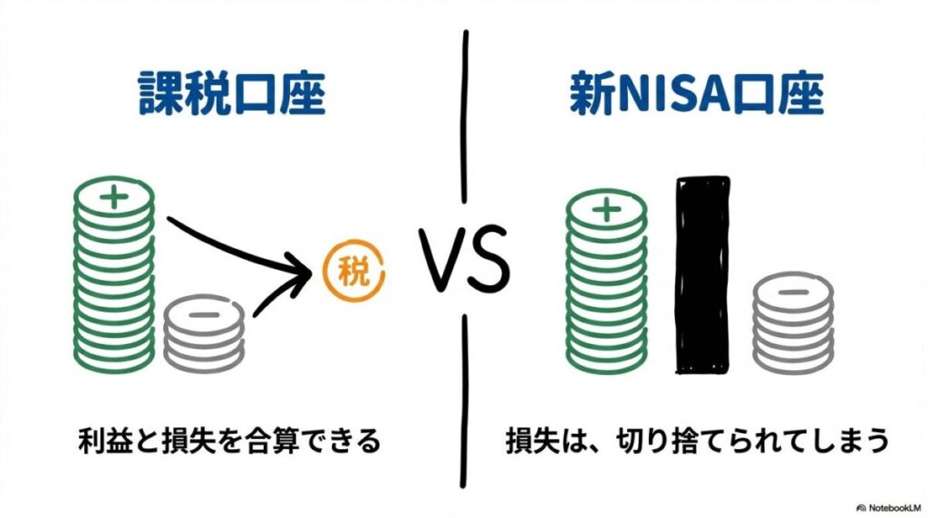 「そもそも新NISAの失敗とは？知っておくべき全デメリットとリスク」をテーマにした挿絵。元本保証がないことや、損益通算・繰越控除ができないといった税制上の注意点を、リスク管理の観点から視覚化したイメージ。