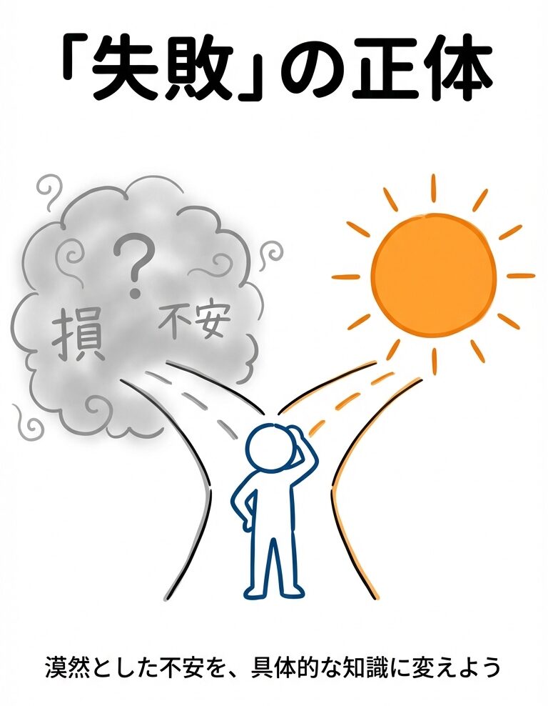 「そもそも新NISAの失敗とは？知っておくべき全デメリットとリスク」をテーマにした挿絵。元本保証がないことや、損益通算・繰越控除ができないといった税制上の注意点を、リスク管理の観点から視覚化したイメージ。