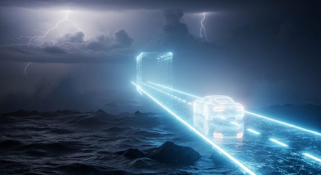 「ソシオネクスト株価、短期は波乱も長期回復は車載事業が鍵」をテーマにした挿絵。荒れた波が手前にあり、その奥には霧の中から未来的な自動車へと続く光の道が伸びており、短期的な困難と長期的な希望を象徴している。