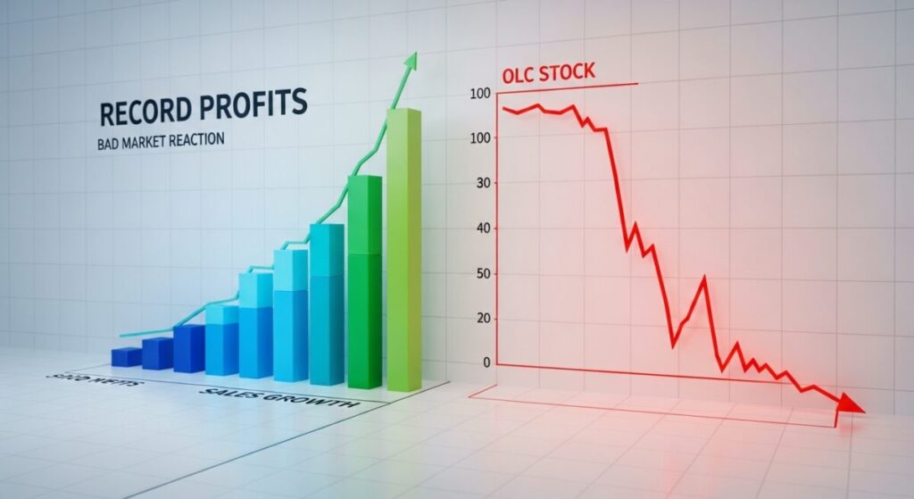 「オリエンタルランド株価の現状:過去最高益なのに急落したパラドックス」をテーマにした挿絵。右肩上がりの好業績を示す棒グラフと、急落する株価の折れ線グラフが対比され、市場の不可解な動きを象徴している。