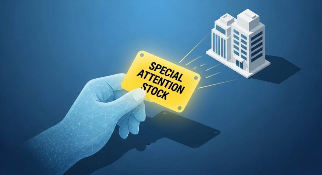 「特別注意銘柄とは?」をテーマにした挿絵。審判のような手が、企業のビルに対して「特別注意銘柄」と書かれたイエローカードを提示しており、東証からの警告を象徴している。