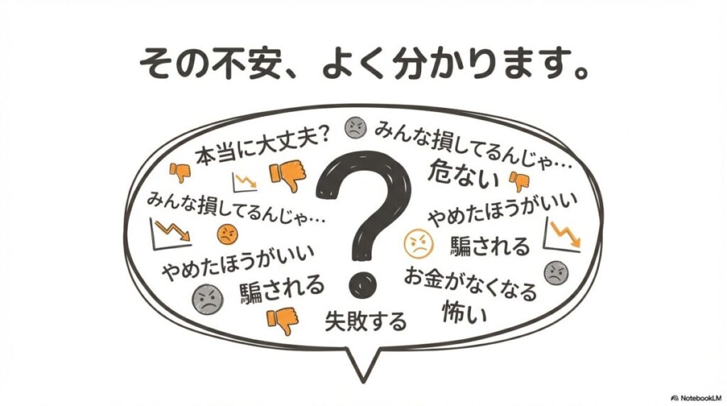 「なぜ新NISAの失敗談は後を絶たないのか？その構造的な理由」をテーマにした挿絵。「非課税＝ノーリスク」という誤解や、SNSによる過熱感、損失を恐れる心理的なバイアスなど、失敗を招く背景を視覚化したイメージ。