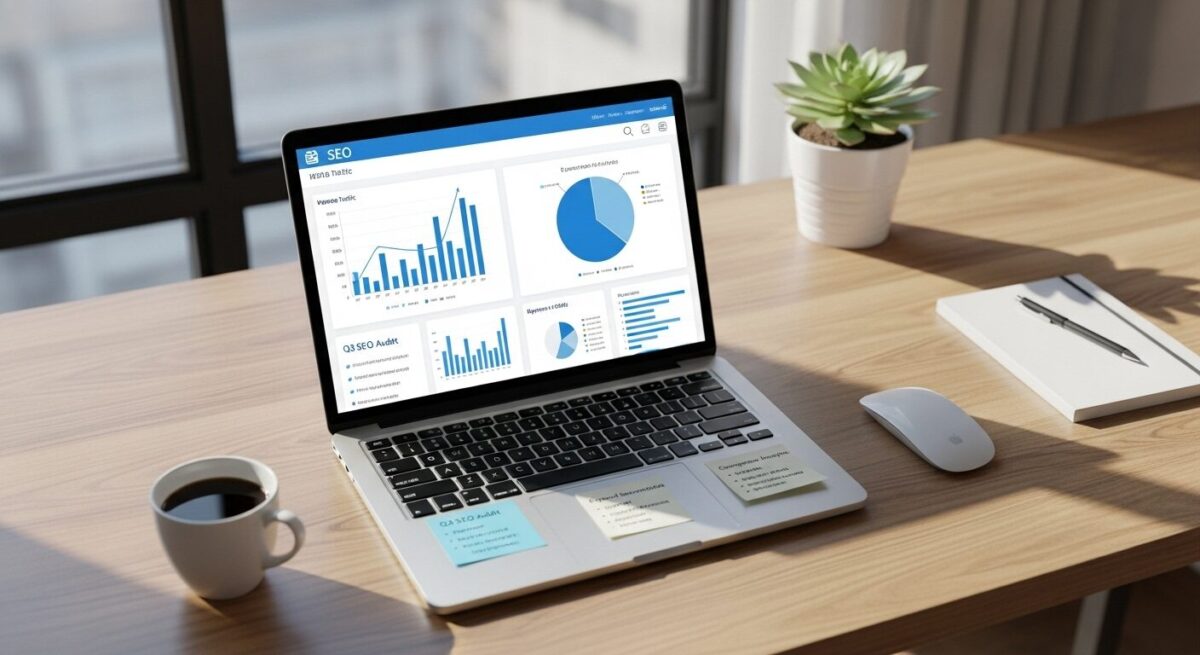 ノートパソコンの画面にSEO分析やデータグラフが表示されたデスク周り。透明感と誠実さを感じさせるワークスペースのイメージ。