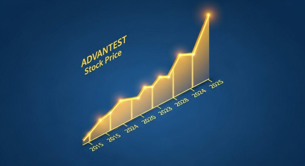 「アドバンテスト株価のチャート分析」をテーマにした挿絵。過去10年間の株価の推移を示す右肩上がりの3Dグラフが、特に近年、急角度で上昇している様子を描いたインフォグラフィック。