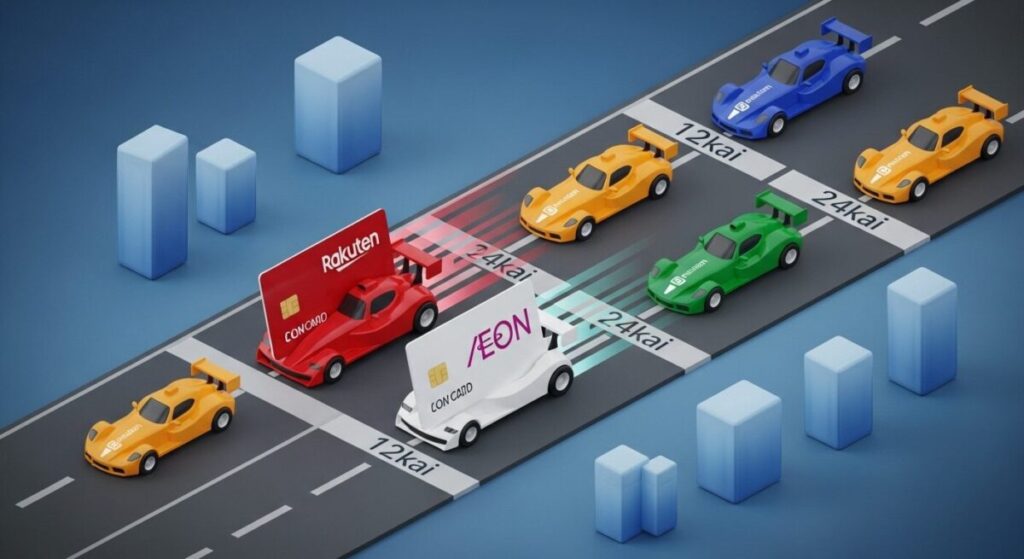 「クレジットカード分割手数料 比較一覧表」をテーマにした挿絵。複数のクレジットカードがレーストラックを走っており、手数料の安いカードがリードしている様子のインフォグラフィック。