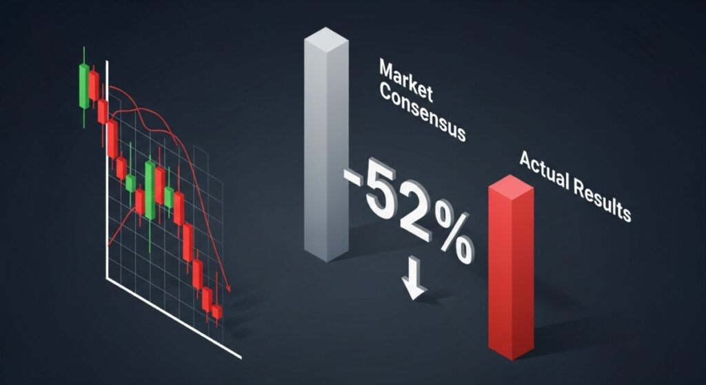 「ソシオネクスト株価急変のトリガー」をテーマにした挿絵。市場予想を大幅に下回った決算結果が大きな赤い矢印で示され、株価チャートが急落しており、業績下方修正の衝撃を視覚的に表現している。