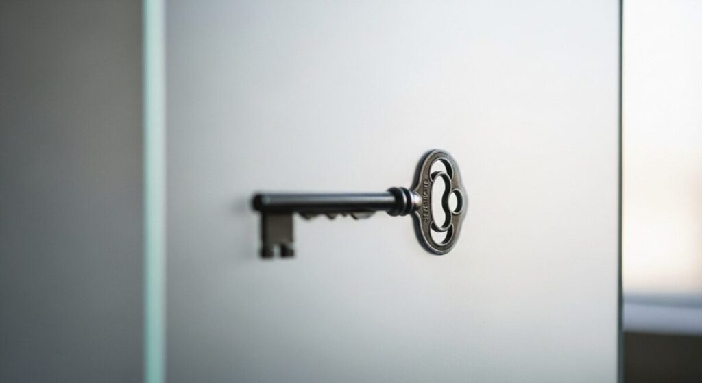 「Have I Been P-wnedは安全か?」をテーマにした挿絵。ユーザーの個人情報を象徴するアンティークな鍵が、曇りガラスの向こうに置かれており、サイトのプライバシー保護技術によって安全に守られている様子を表現している。