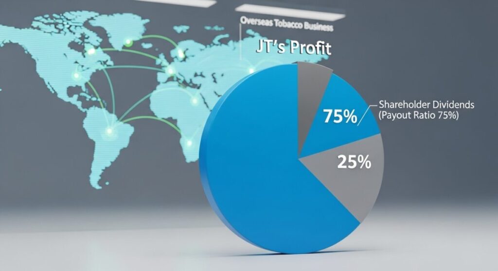 「なぜJTは高配当を維持できるのか?」をテーマにした挿絵。企業の利益を示す円グラフの75%が「株主配当」として明確に切り分けられており、JTの積極的な株主還元方針を図解している。