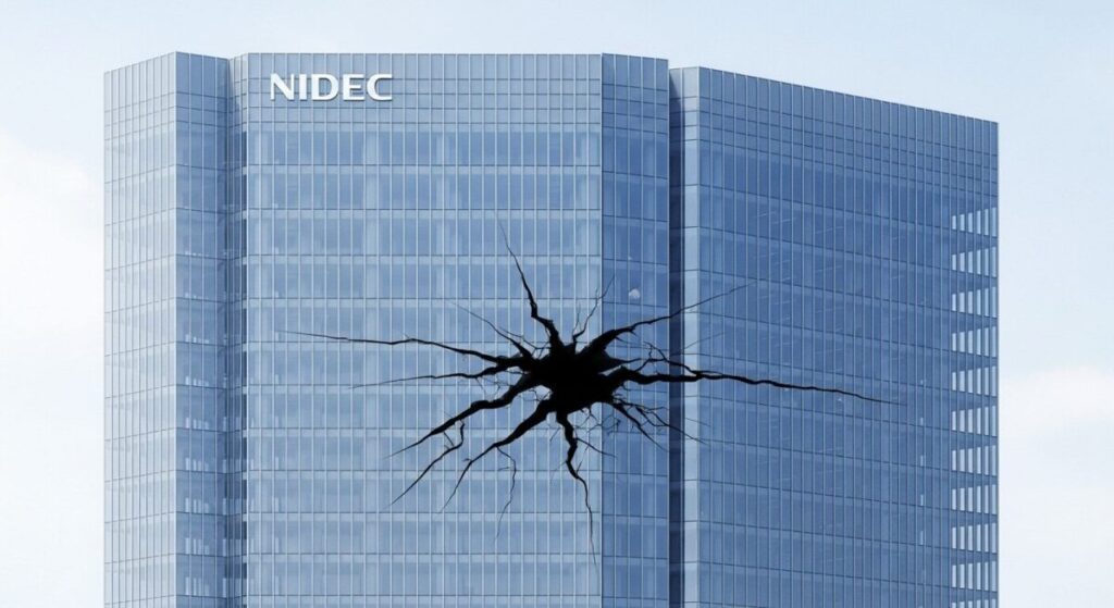 「ニデック不適切会計の深刻度」をテーマにした挿絵。美しく透明なガラスでできた企業のビルに、内部から大きな亀裂が走り、信頼が崩壊していく危機を象徴している。