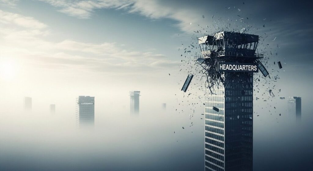 「崩壊した内部統制システム」をテーマにした挿絵。中央にある立派な監視塔が崩れ落ちており、遠くに点在する子会社の拠点までその目が届いていない様子を象徴している。