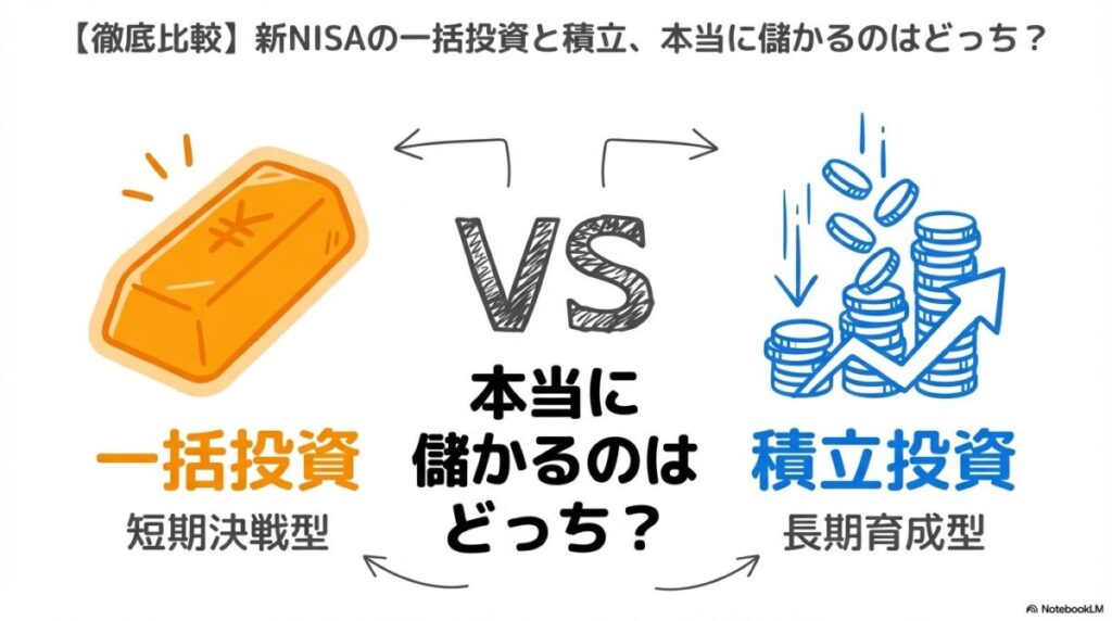 「【徹底比較】新NISAの一括投資と積立、本当に儲かるのはどっち？」をテーマにした挿絵。上昇相場、下落相場、レンジ相場の3つの局面を折れ線グラフで示し、それぞれのシナリオで一括投資と積立投資のリターンがどう変化するかを直感的に比較したシミュレーション図。