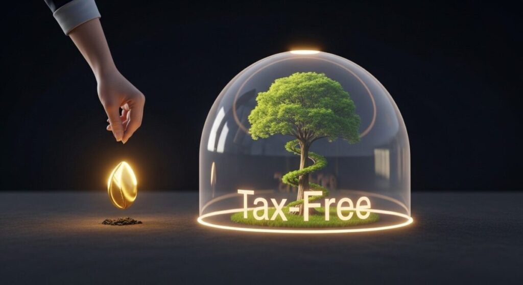 「つみたて投資枠の仕組み」をテーマにした挿絵。地面に植えられた金の種が、光のドームに守られながら、複利効果を象徴するらせん状の軌跡を描いて大きな木へと成長していく様子。