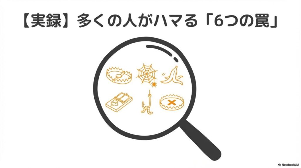 「【実録】これが新NISAの失敗だ！6つの典型パターンと教訓」をテーマにした挿絵。短期的な暴落での「狼狽売り」やSNSに煽られた「高値掴み」、生活費の投入など、初心者が陥りやすい6つの典型的な失敗事例を表現したイメージ。