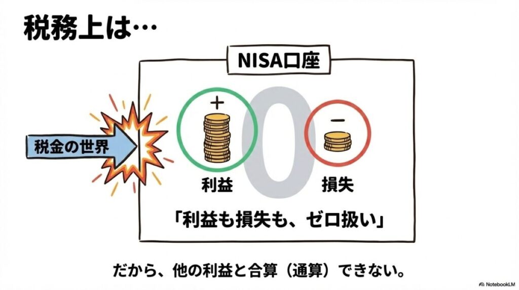 「なぜ新NISAでは損益通算ができない?制度の根本的な理由」をテーマにした挿絵。NISA口座は「利益が非課税」である代わりに「損失もゼロ」として扱われ、課税の世界から隔離された「特別な箱」であることを示すイメージです。