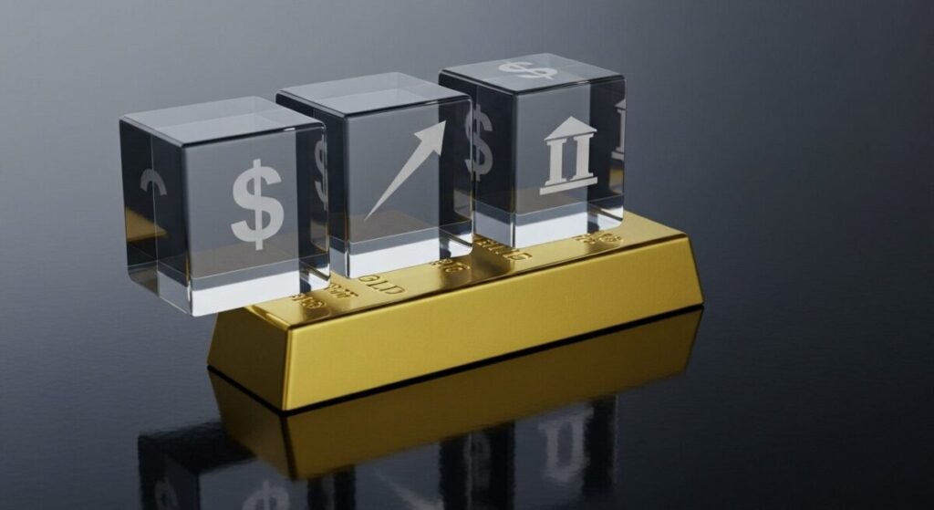 「金価格が下落する5つの主な理由」をテーマにした挿絵。輝く金の延べ棒の上に、ドルマークや上向きの矢印(金利上昇を示す)が刻印された透明なガラスの重石が乗せられ、価格への圧力を象徴している。