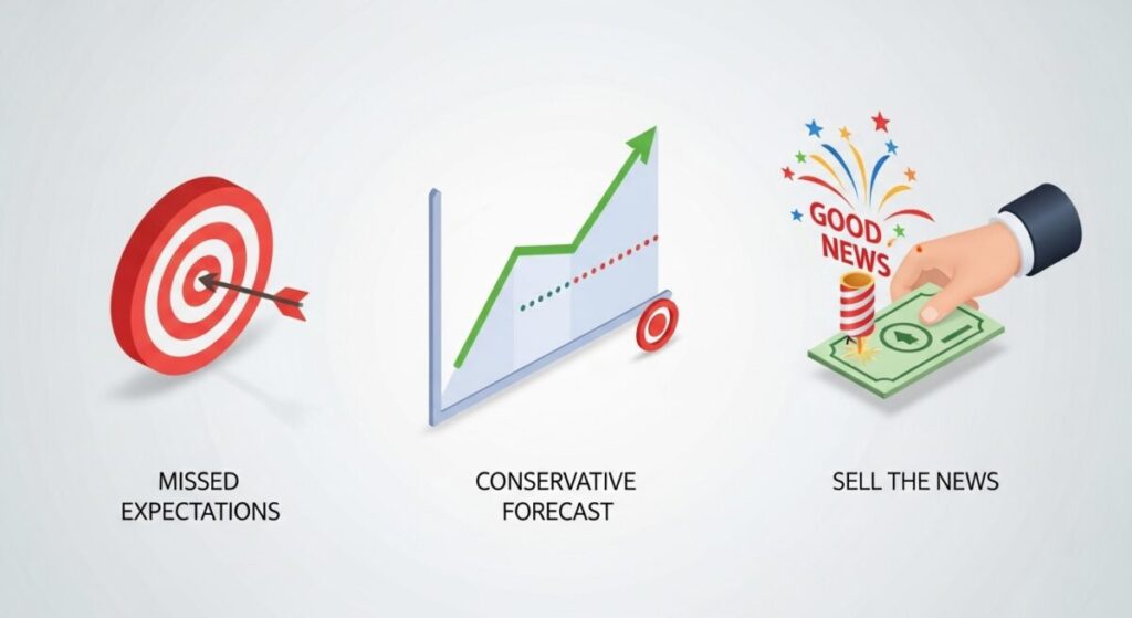 「オリエンタルランド株価、急落の3大要因を徹底解剖」をテーマにした挿絵。3つの要因「期待未達」「慎重な見通し」「材料出尽くし」が、それぞれアイコン付きのパネルで分かりやすく図解されている。